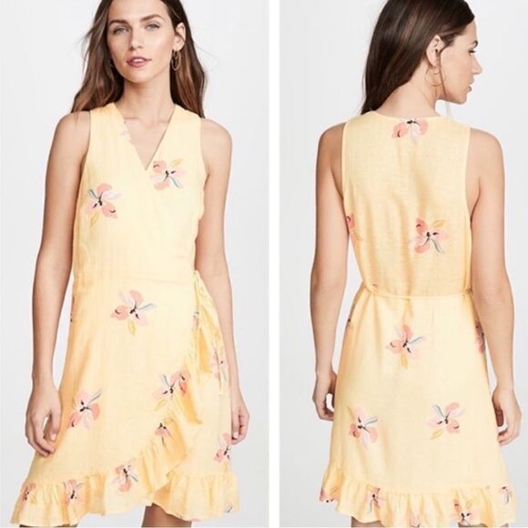Rails Dresses & Skirts - RAILS Madison Floral Linen Flounce Wrap Yellow Dress in Eden Sz S